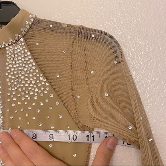 LA dance solo custom tan nude beige long leotard costume mesh rhinestones LC - Picture 15 of 16